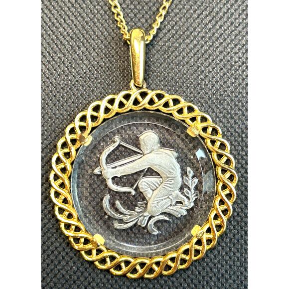 Crown Trifari Sagittarius Reversed Etched Glass Pendant Zodiac Necklace 26” - Picture 1 of 10